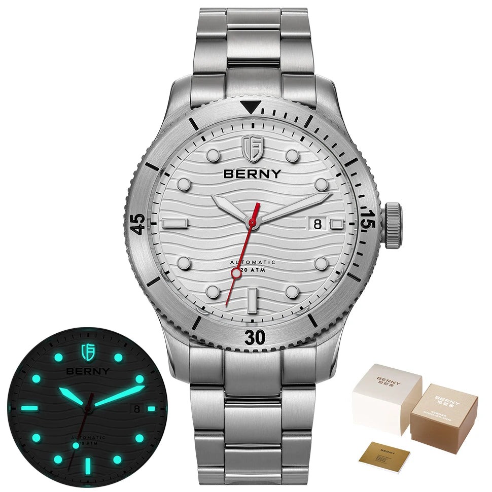 BERNY Automatic Diving Wristwatch for Men PT5000 Movement 20ATM Waterproof Luminous Sapphire Mechanical Sport Divers Watch Men