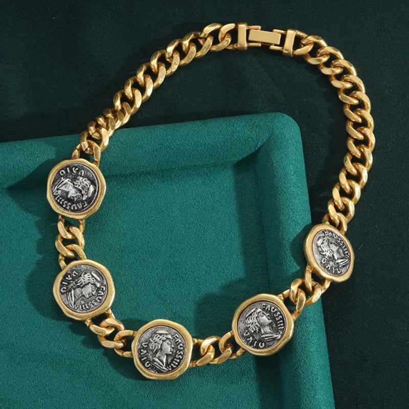 Vintage Personality Man Head Antique Coin Wide Chain Necklace for Women Aesthetic Jewellery Hip Hop Chunky Statement Chokers