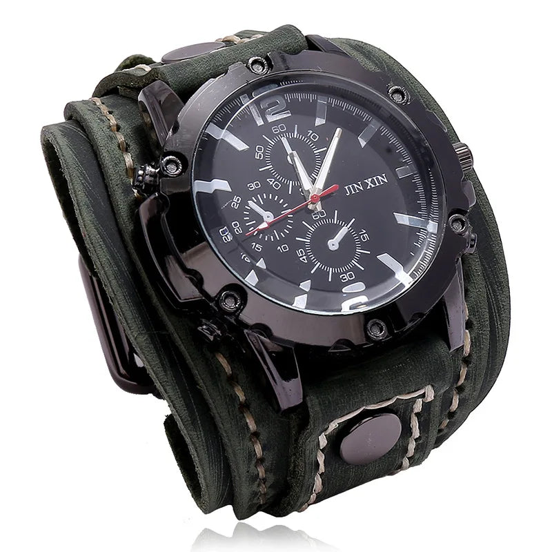 Mens Quartz Watches Luxury Wristwatch 2024 Cowhide Watchband Punk Style Watch for Men Wide Genuine Leather Bracelets