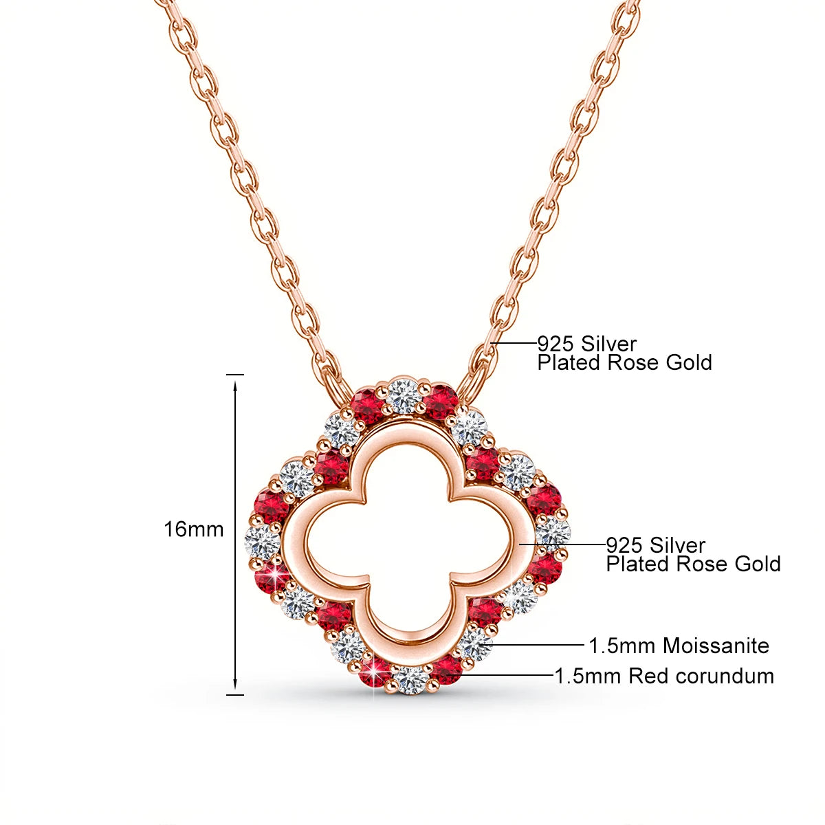 925 Silver Lucky Four-leaf Clover Moissanite Necklace Temperament Ladie Jewelry Red Corundum Gold Plated Solitaire Choker