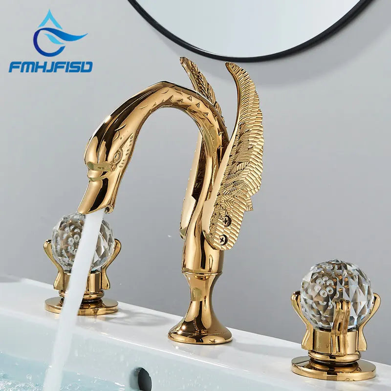 Luxury Gold Swan Bathroom Basin Tap Crystal Handle Swan Basin Faucet Cold Hot Water Mixer Taps Deck Mounted Washbasin Faucet