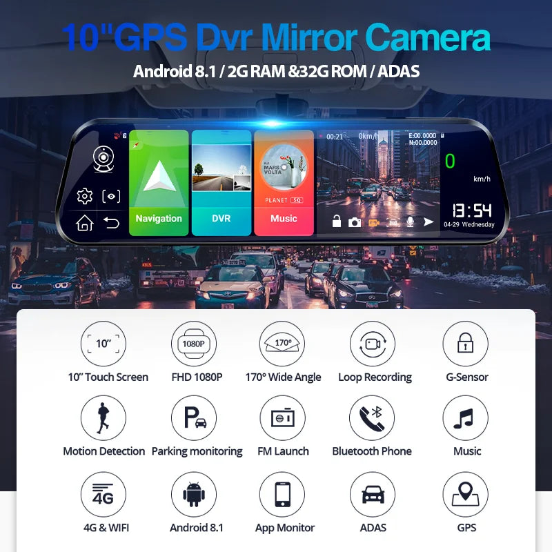 E-ACE 4G Car Dvr 10 Inch Mirror Dash Cam Android 8.1 GPS Navigation Car Camera Auto Recorder ADAS Support 1080P Rear Camera
