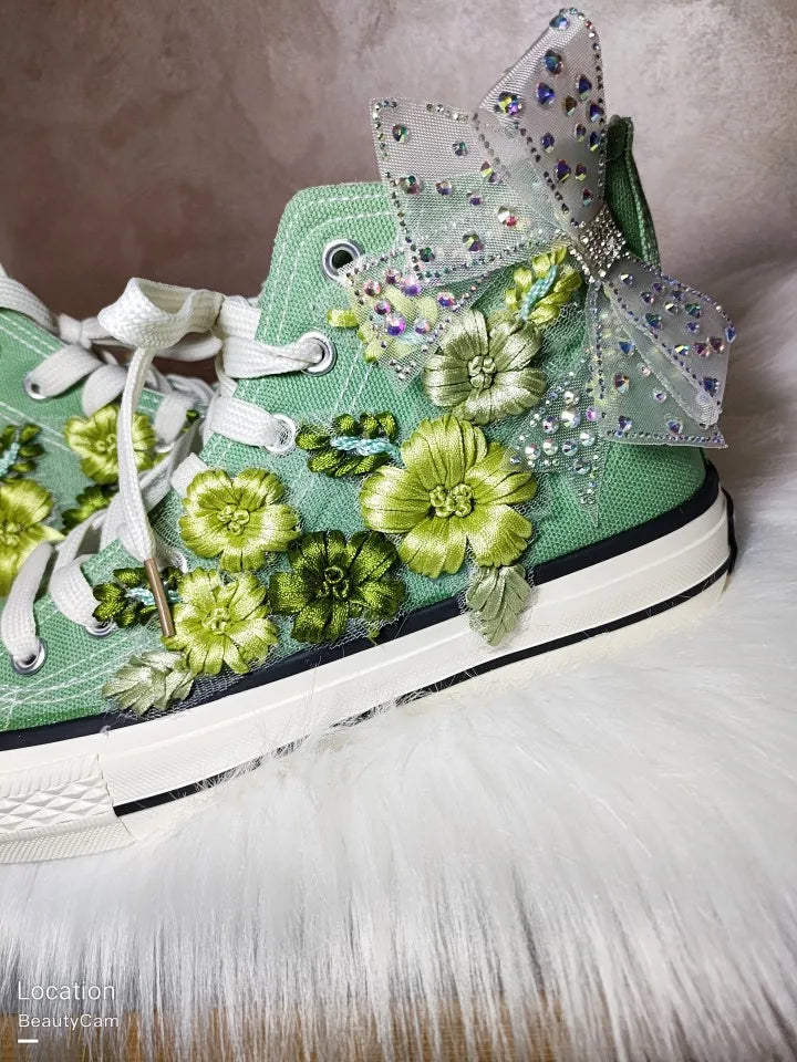 High-top Canvas Shoes for Women Green Bow Embroidery Flower Candy Color Canvas Handmade Fashion Casual Shoe Big Size 43 44