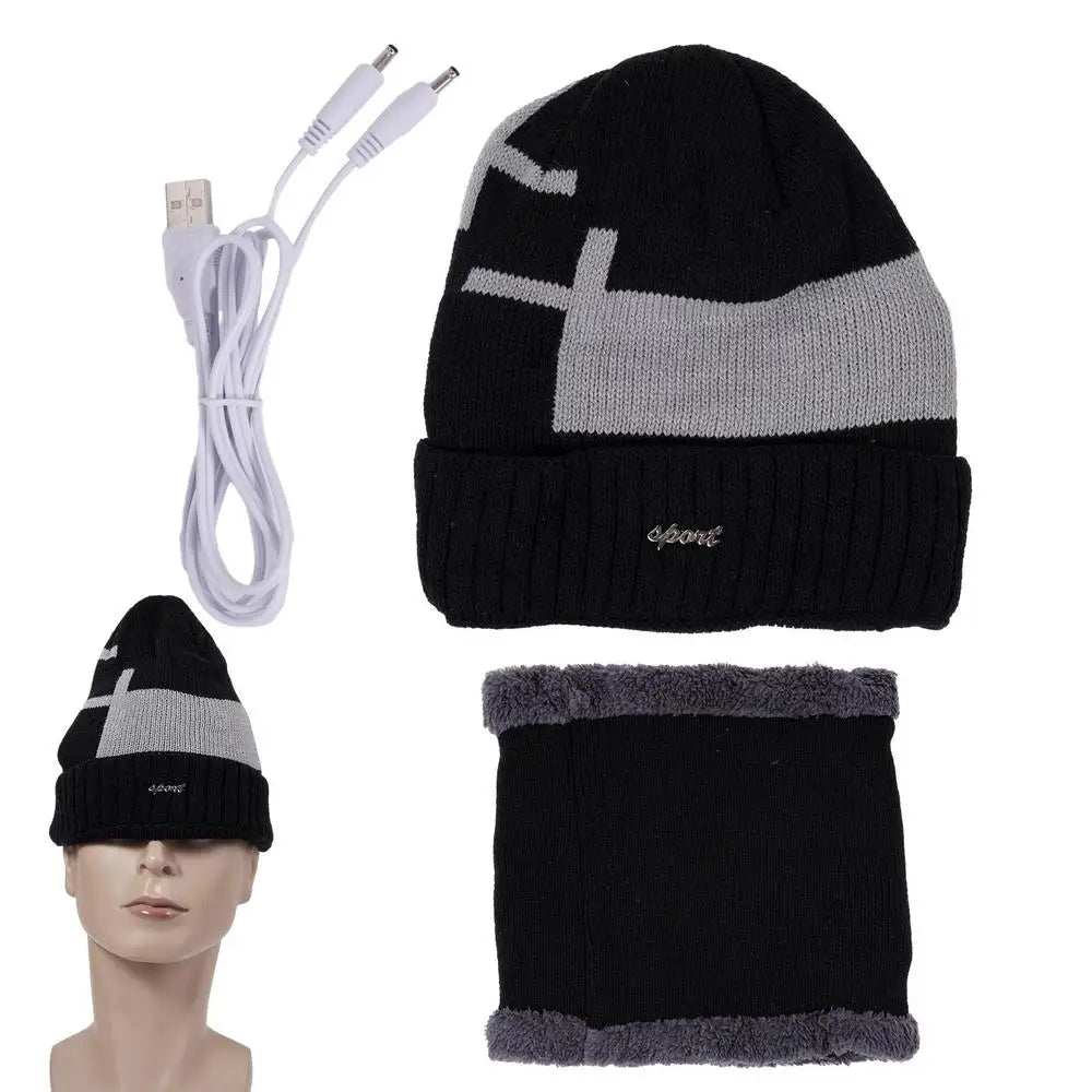 Heated Beanie Hat Winter Thermal Beanie USB Heated Hat Scarf Set Soft Warm Scarf Pom Knit Hat For Running Skiing Skating Cold