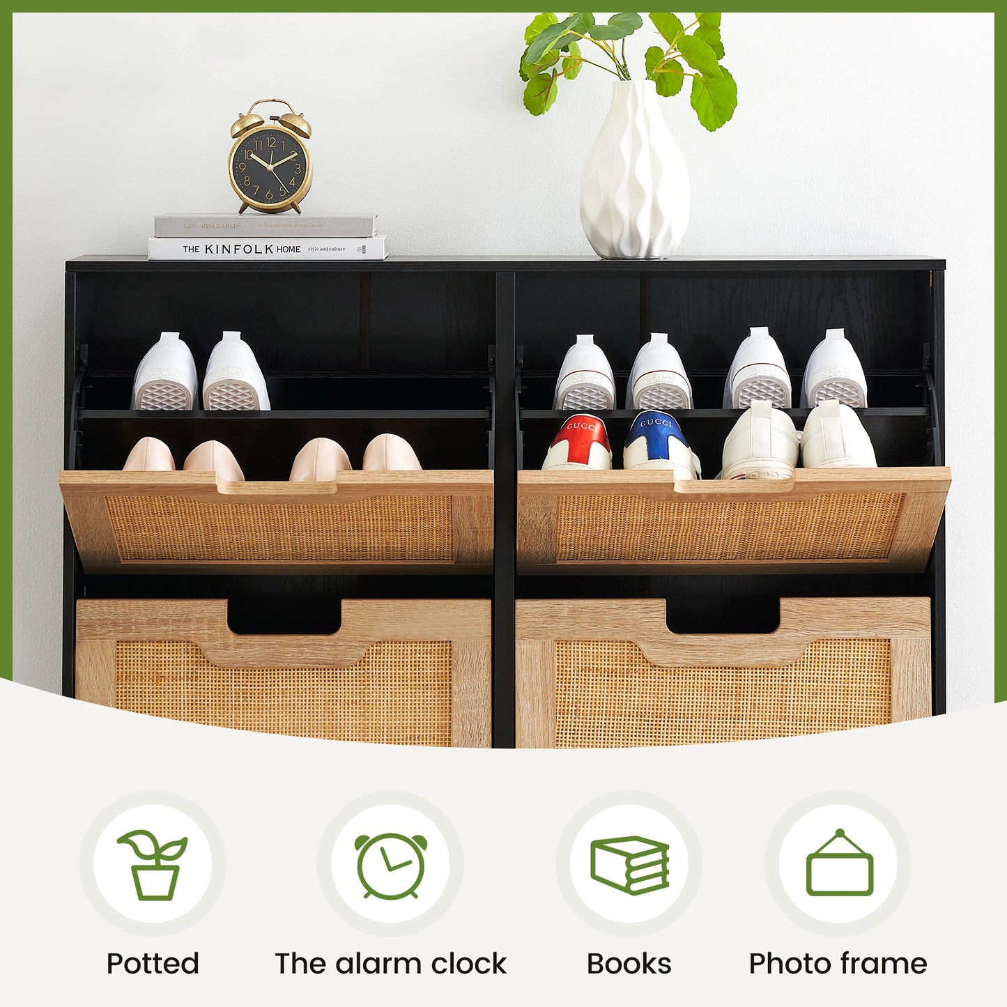 Rattan Shoe Storage Cabinet, Entryway Shoes Cabinet with 4 Flip Doors, Freestanding Shoe Rack with 3 Position Adjustable Shelves