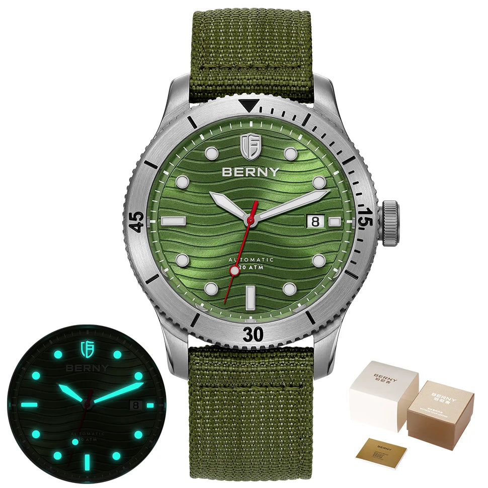BERNY Automatic Diving Wristwatch for Men PT5000 Movement 20ATM Waterproof Luminous Sapphire Mechanical Sport Divers Watch Men