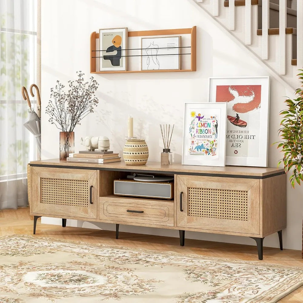 Boho TV Stand for 65 Inch TVs, Mid Century Modern Media Entertainment Center with Drawer, 2 Cabinets with Rattan Doors, Metal L