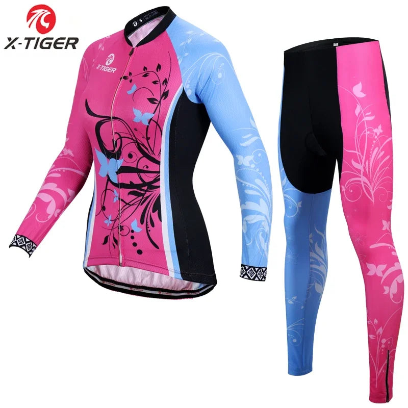 X-Tiger Women Winter Thermal Fleece Cycling Jersey Set Mountain Bike Uniform Long Sleeve Cycling Bicycle Clothing For Woman