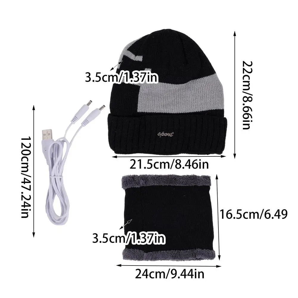Heated Beanie Hat Winter Thermal Beanie USB Heated Hat Scarf Set Soft Warm Scarf Pom Knit Hat For Running Skiing Skating Cold