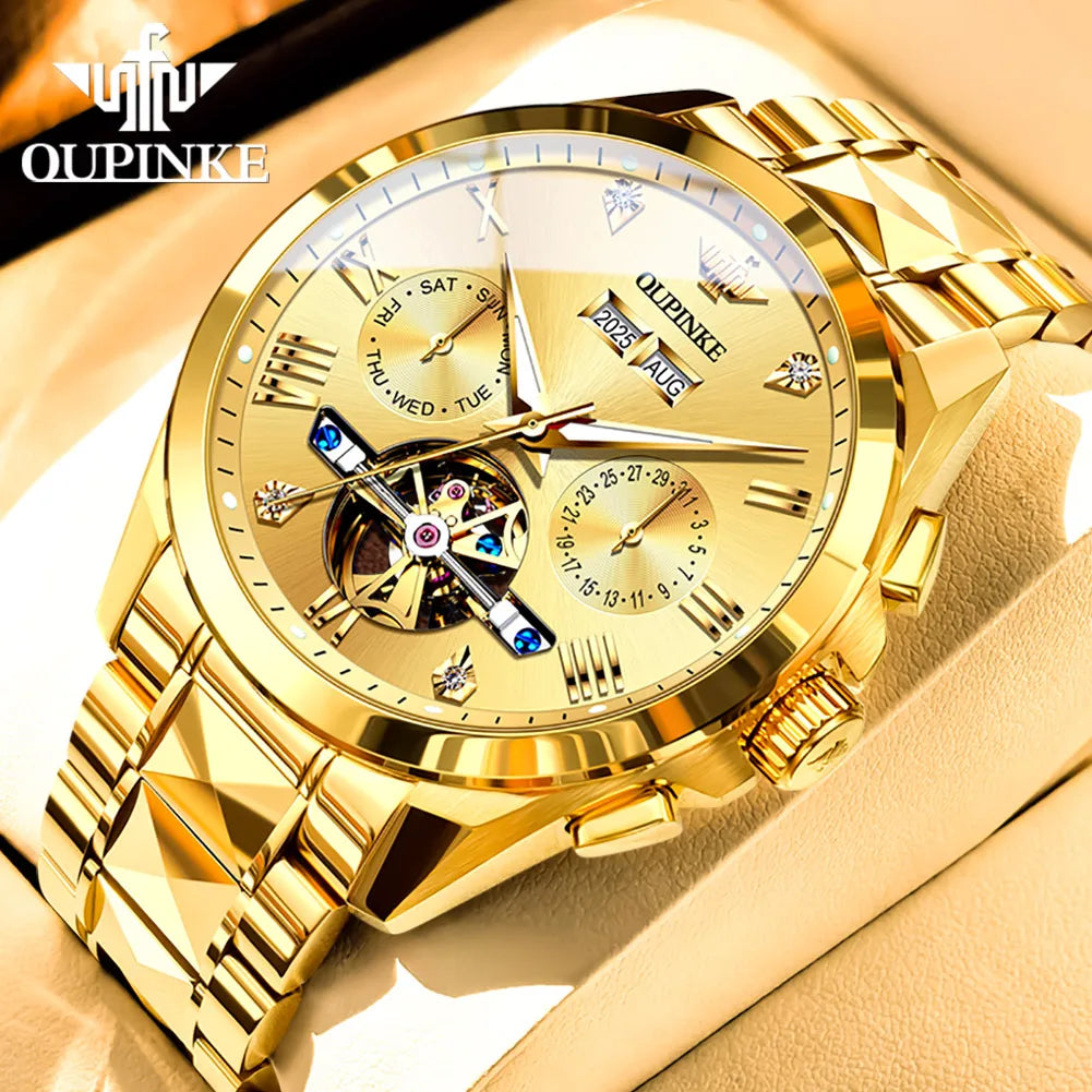 OUPINKE 3240 Skeleton Flywheel Multifunctional Automatic Mechanical Watches for Men 44mm Large Dial Tungsten Steel Luxury Watch