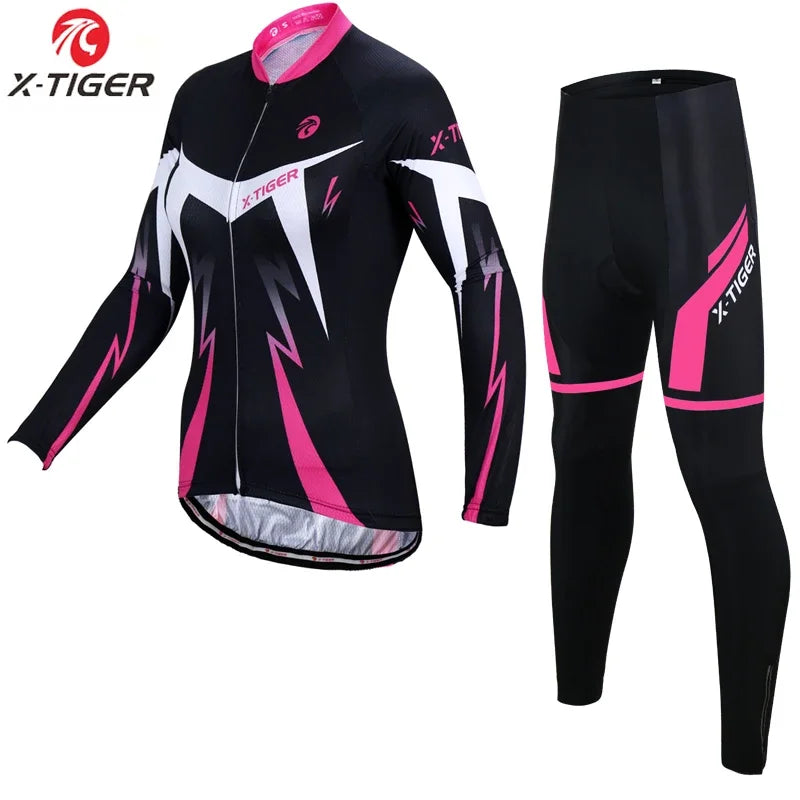 X-Tiger Women Winter Thermal Fleece Cycling Jersey Set Mountain Bike Uniform Long Sleeve Cycling Bicycle Clothing For Woman