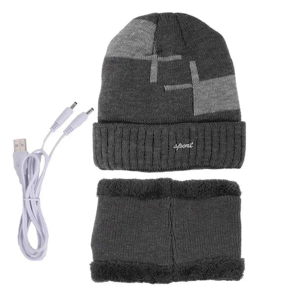 Heated Beanie Hat Winter Thermal Beanie USB Heated Hat Scarf Set Soft Warm Scarf Pom Knit Hat For Running Skiing Skating Cold
