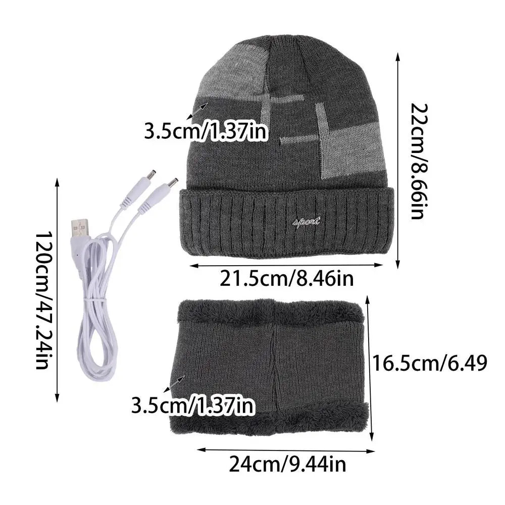 Heated Beanie Hat Winter Thermal Beanie USB Heated Hat Scarf Set Soft Warm Scarf Pom Knit Hat For Running Skiing Skating Cold