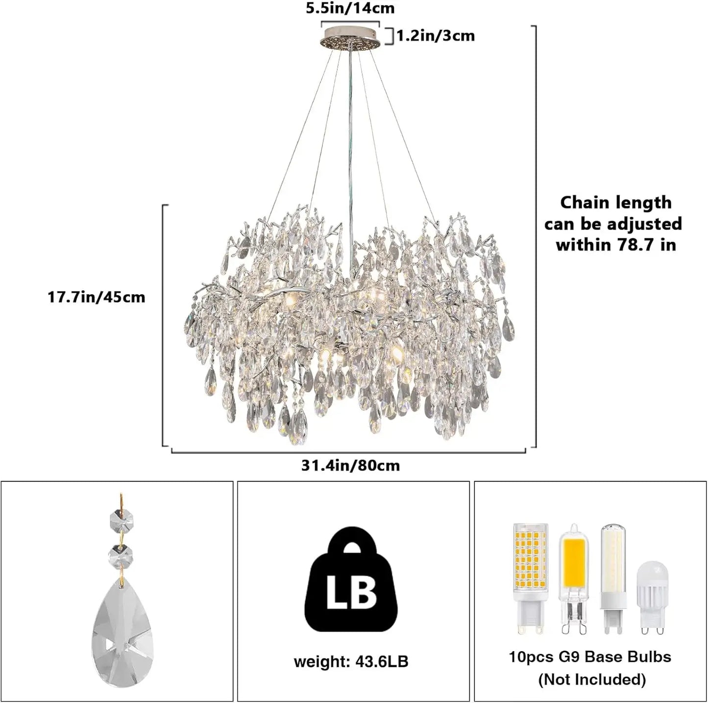 Luxury Modern Crystal Pendant Chandelier Hanging Living Room Lamp Dining Table Silver Branch Rectangular Chandeliers for Kitchen
