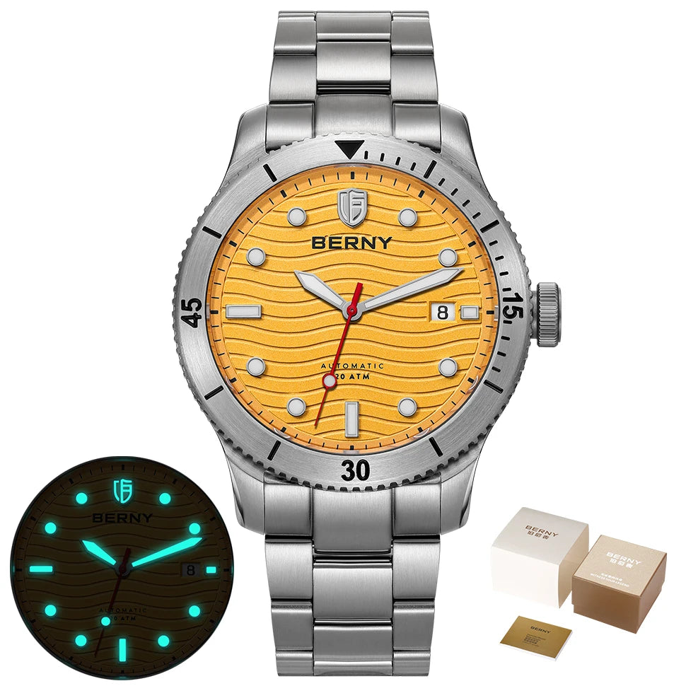 BERNY Automatic Diving Wristwatch for Men PT5000 Movement 20ATM Waterproof Luminous Sapphire Mechanical Sport Divers Watch Men