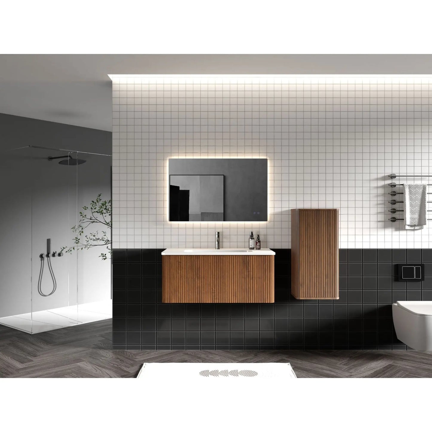 Modern Striped Walnut Floating Bathroom Vanity with Wall Mounted White Ceramic Sink and One-Piece White Basin Drain Faucet