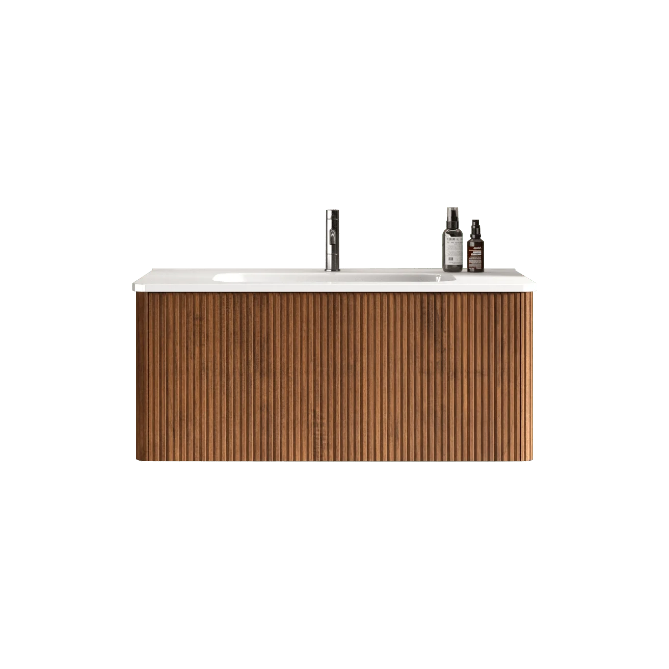 Modern Striped Walnut Floating Bathroom Vanity with Wall Mounted White Ceramic Sink and One-Piece White Basin Drain Faucet