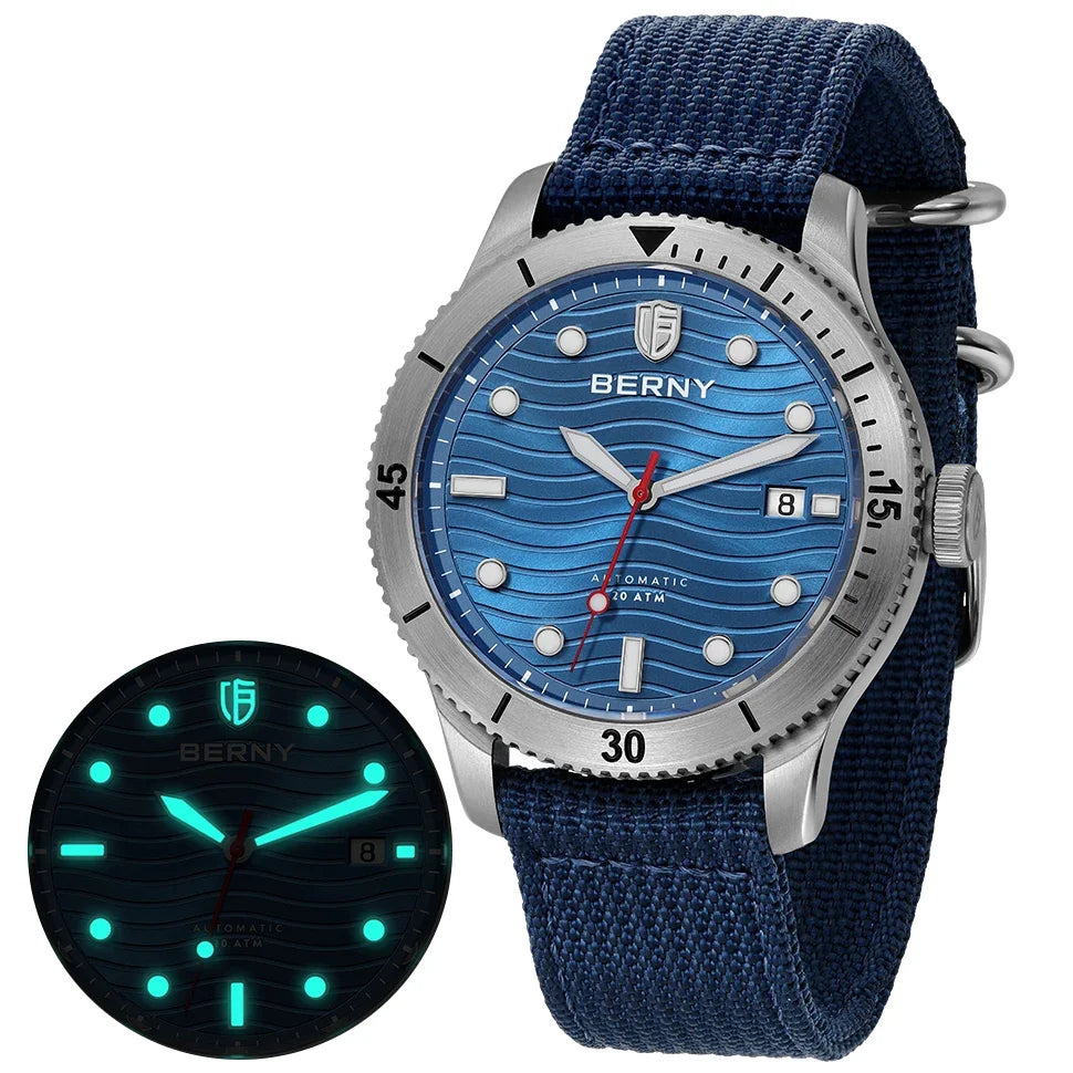 BERNY Automatic Diving Wristwatch for Men PT5000 Movement 20ATM Waterproof Luminous Sapphire Mechanical Sport Divers Watch Men