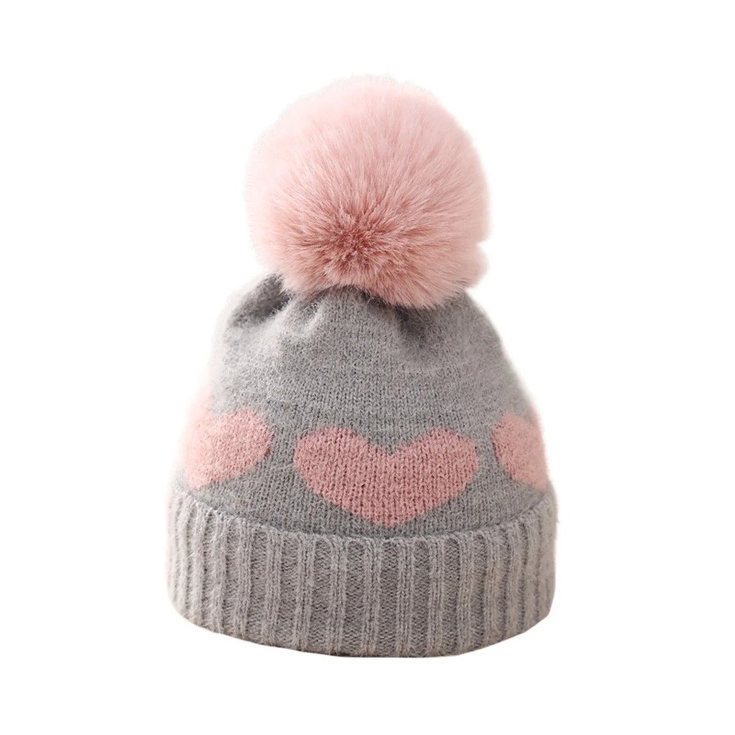 Lioraitiin Baby Girl Winter Hat Cute Heart Pattern Plush Pom Knit Beanie Warm Hospital Cap For Infant Cold Weather Accessories