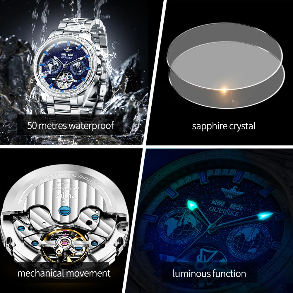 OUPINKE 3280 Fully Automatic Mechanical Men Watch Luxury Starry Sky Tourbillon Calendar Week Waterproof Men Watch Diamond Reloj
