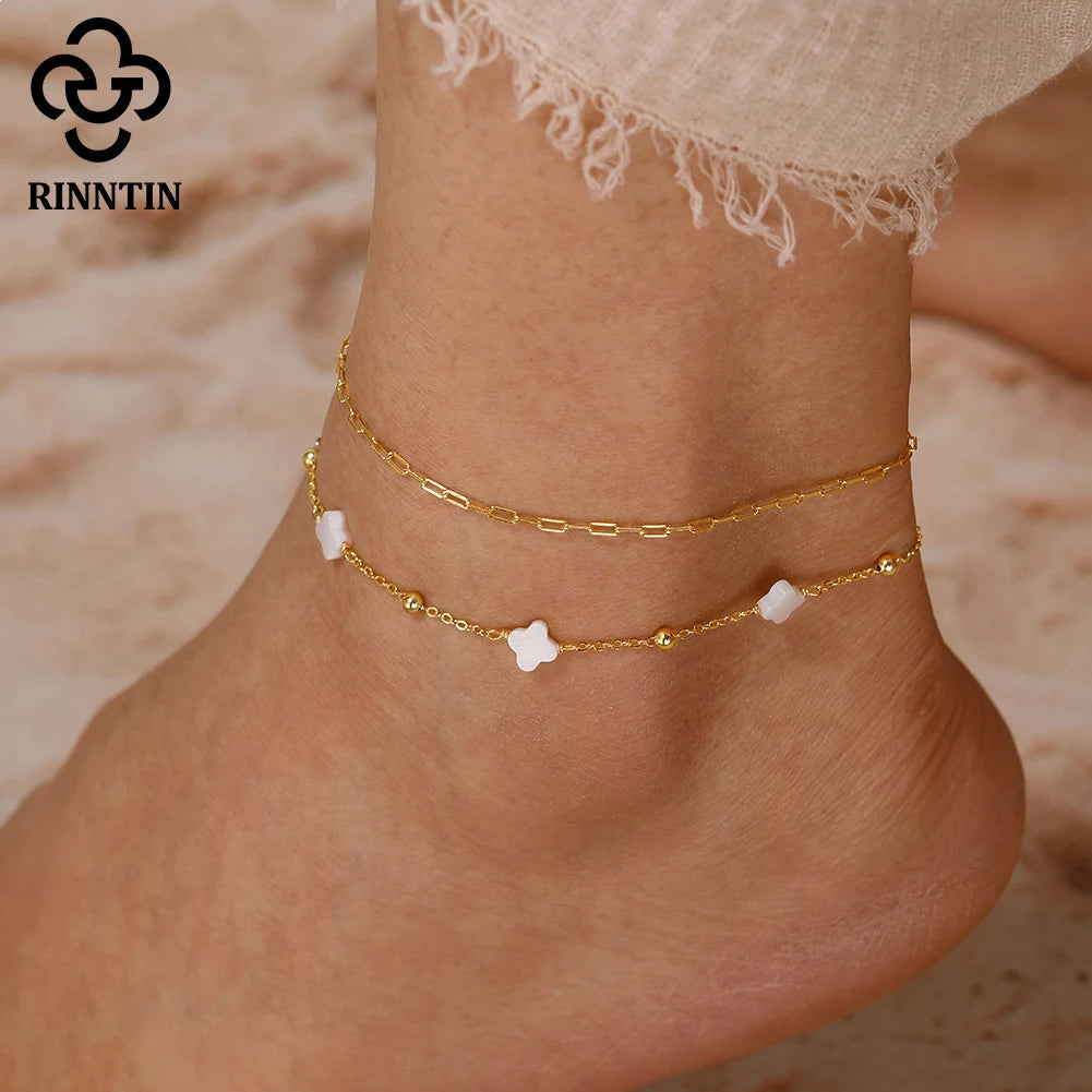 Rinntin Four Leaf Clover Anklet Bracelet for Women Delicate Style 925 Silver Thin Chains On Leg Summer Beach Accessories GMA01