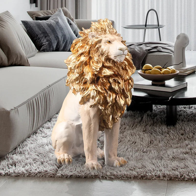 Golden Lion Statue Floor Home Decor Art Big Resin Sculpture New Year 2022 Indoor Large Luxury Ornament Sculpture Modern