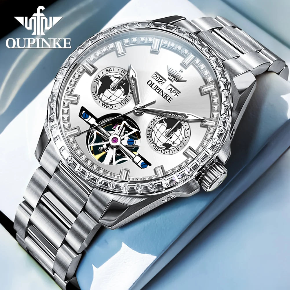OUPINKE 3280 Fully Automatic Mechanical Men Watch Luxury Starry Sky Tourbillon Calendar Week Waterproof Men Watch Diamond Reloj