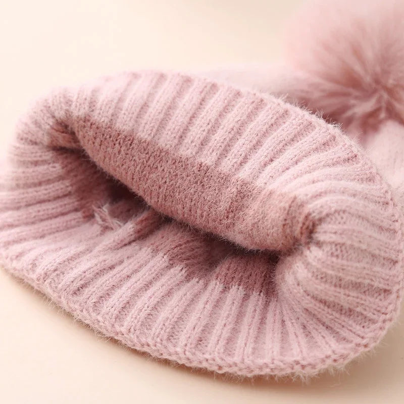 Lioraitiin Baby Girl Winter Hat Cute Heart Pattern Plush Pom Knit Beanie Warm Hospital Cap For Infant Cold Weather Accessories