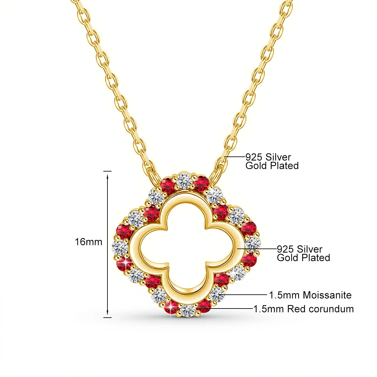 925 Silver Lucky Four-leaf Clover Moissanite Necklace Temperament Ladie Jewelry Red Corundum Gold Plated Solitaire Choker