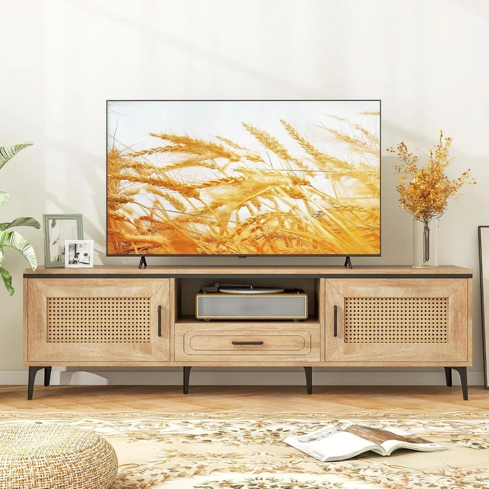 Boho TV Stand for 65 Inch TVs, Mid Century Modern Media Entertainment Center with Drawer, 2 Cabinets with Rattan Doors, Metal L