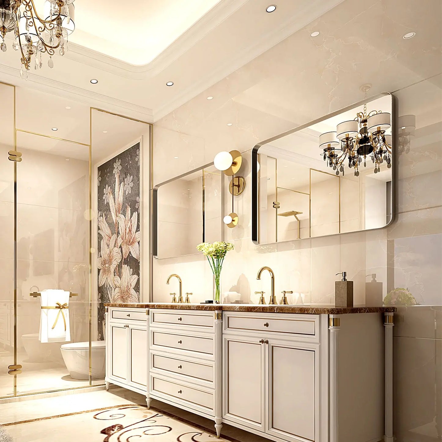 30x20inch Glossy Brushed Silver Rectangle Bathroom Mirror Wall Metal Frame Rounded Corner Deep Set Design Hangs Wall for
