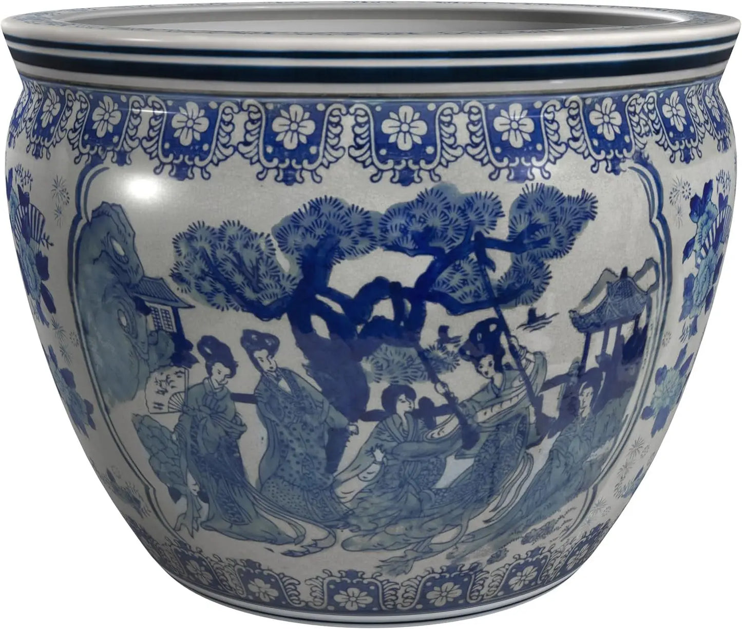 White Fishbowl-Size and Design 18" Diameter Floral Blue Classic Ming Blue and White Vine and Flower Decoration