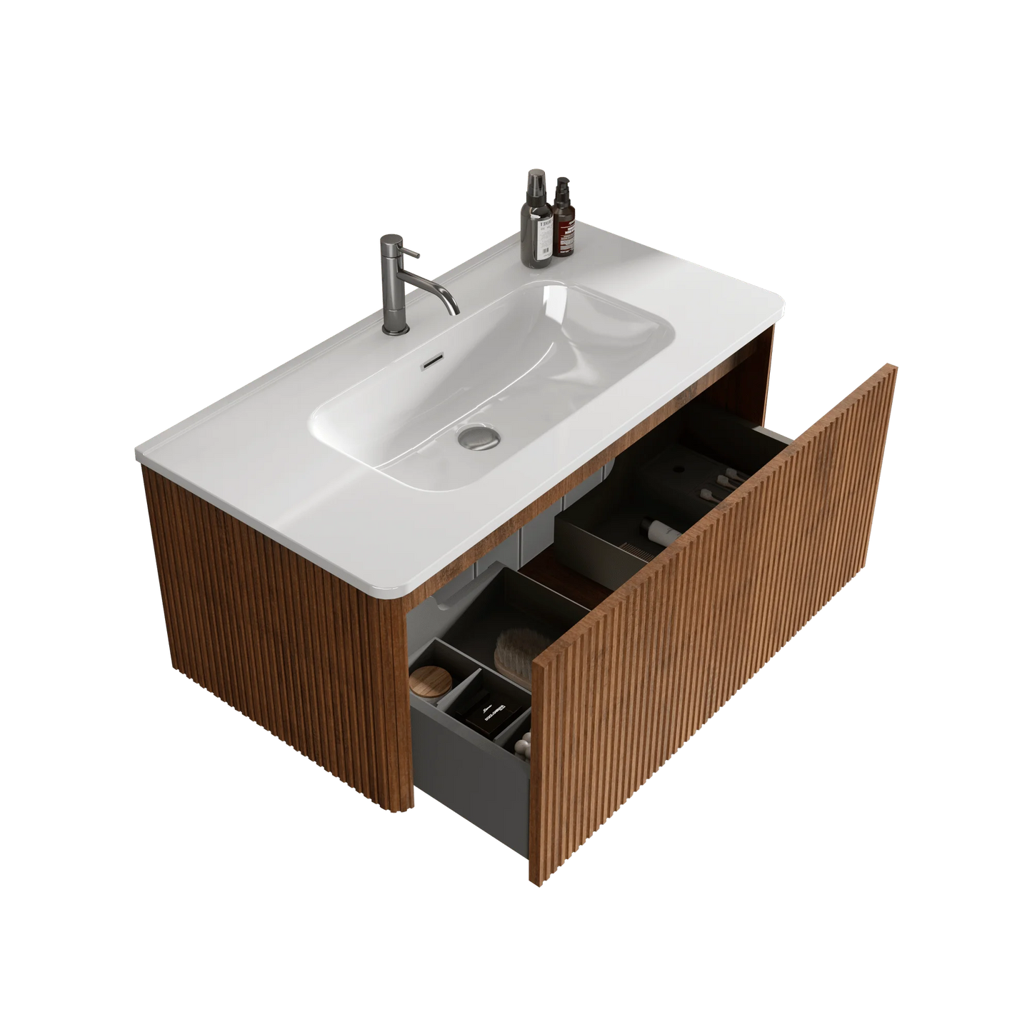 Modern Striped Walnut Floating Bathroom Vanity with Wall Mounted White Ceramic Sink and One-Piece White Basin Drain Faucet