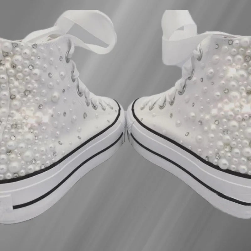 Hand-made thick soled white pearl rhinestones wedding party banquet large size canvas shoes high top casual women's shoes 35-40