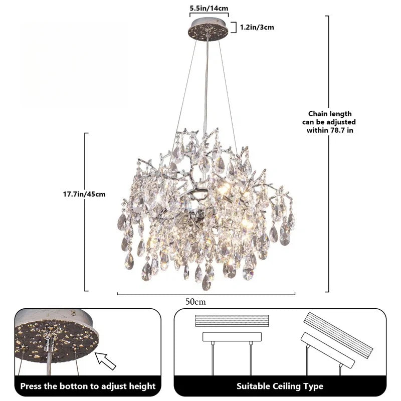 Luxury Modern Crystal Pendant Chandelier Hanging Living Room Lamp Dining Table Silver Branch Rectangular Chandeliers for Kitchen