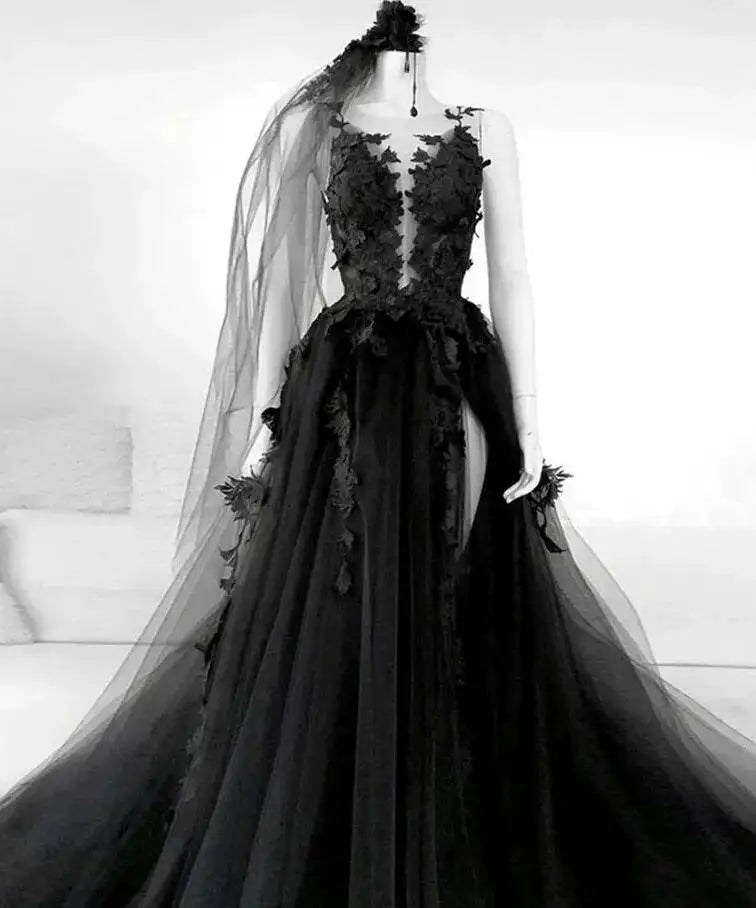 Gothic Vintage Black Wedding Dress Customized Lace Vestidos De Novia High Neck Mermaid Bridal Gowns Long Sleeve Bride