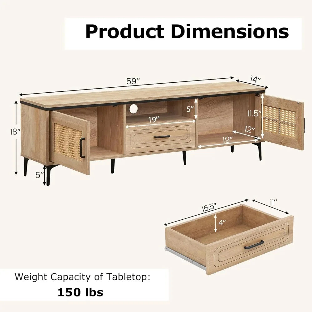 Boho TV Stand for 65 Inch TVs, Mid Century Modern Media Entertainment Center with Drawer, 2 Cabinets with Rattan Doors, Metal L