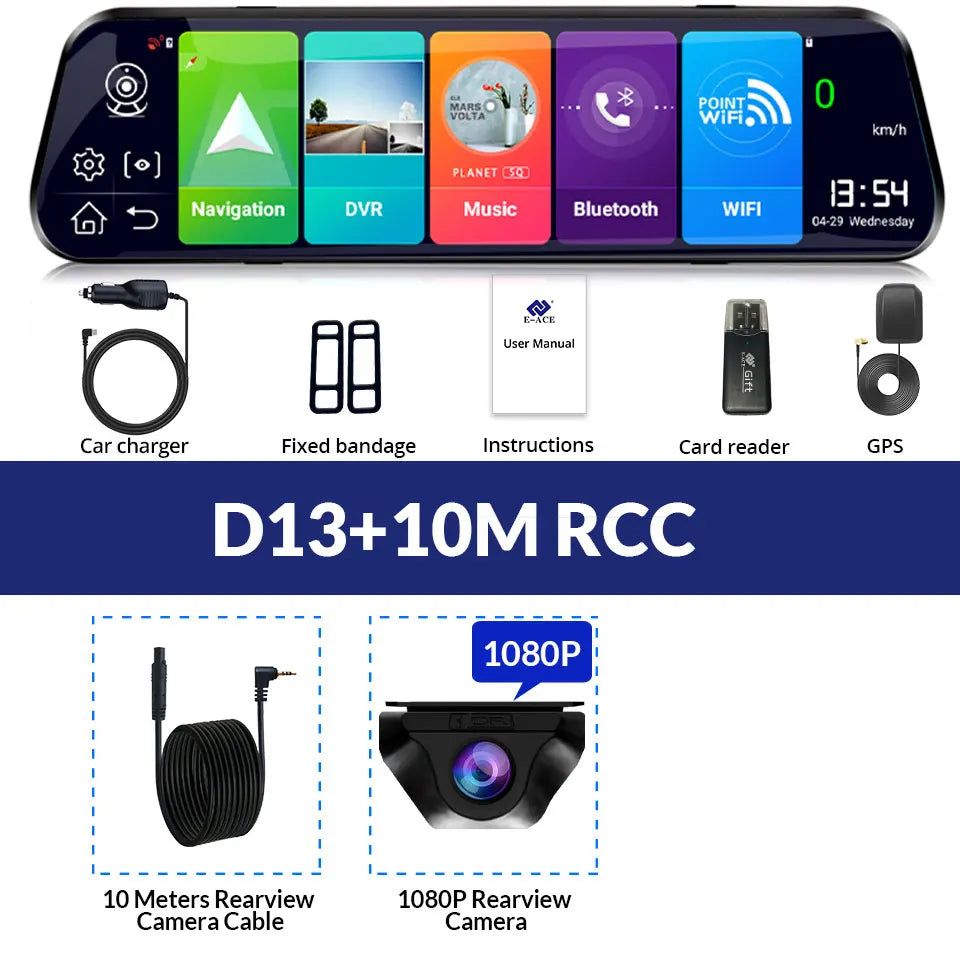 E-ACE 4G Car Dvr 10 Inch Mirror Dash Cam Android 8.1 GPS Navigation Car Camera Auto Recorder ADAS Support 1080P Rear Camera