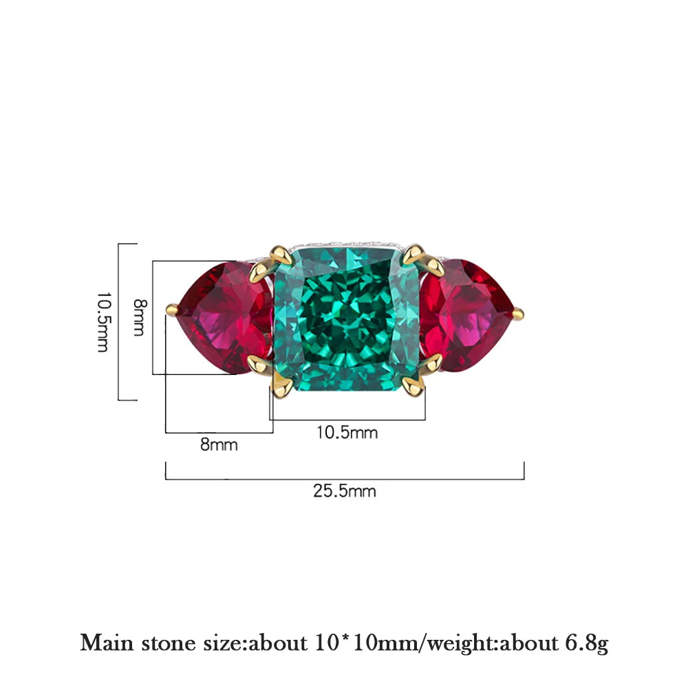 Retro 100% 925 Sterling Silver 10*10mm Green Tourmaline Ruby Lab Diamond Rings for Women Gemstone Wedding Party Fine Jewel Gift