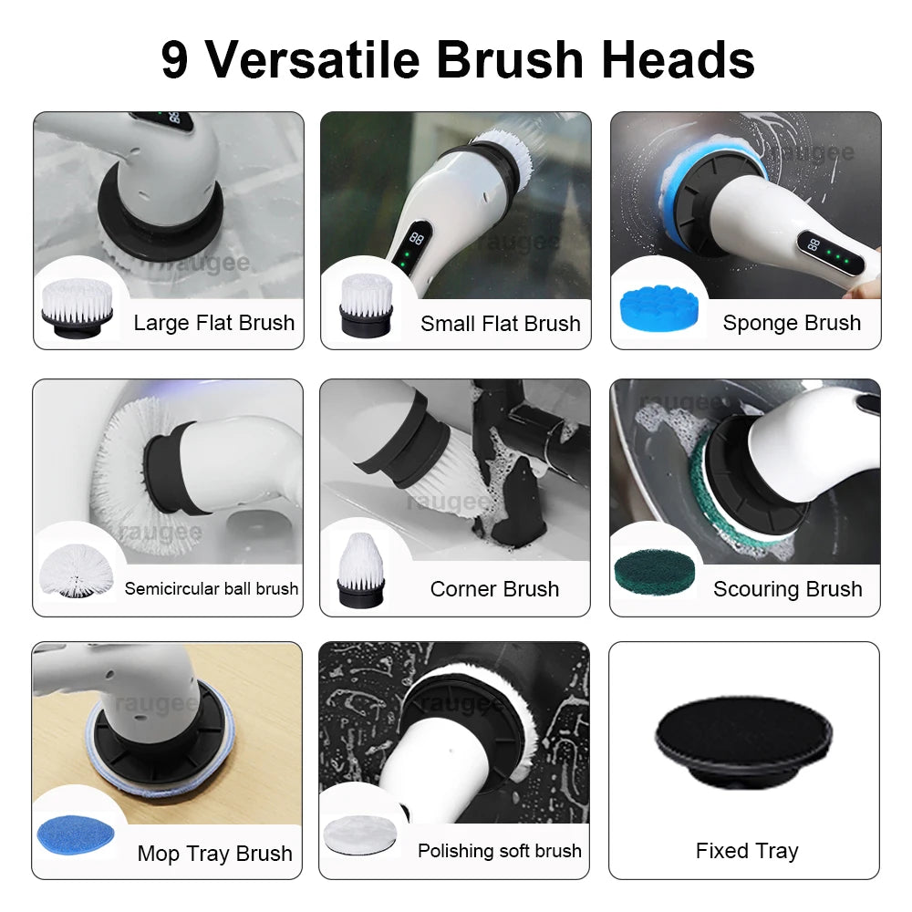 Electric Cleaning Brush 9 in 1 Multifunctional Wireless Handheld Household Kitchen Floor Bathroom Toilet 9 Heads Clean Scrubber