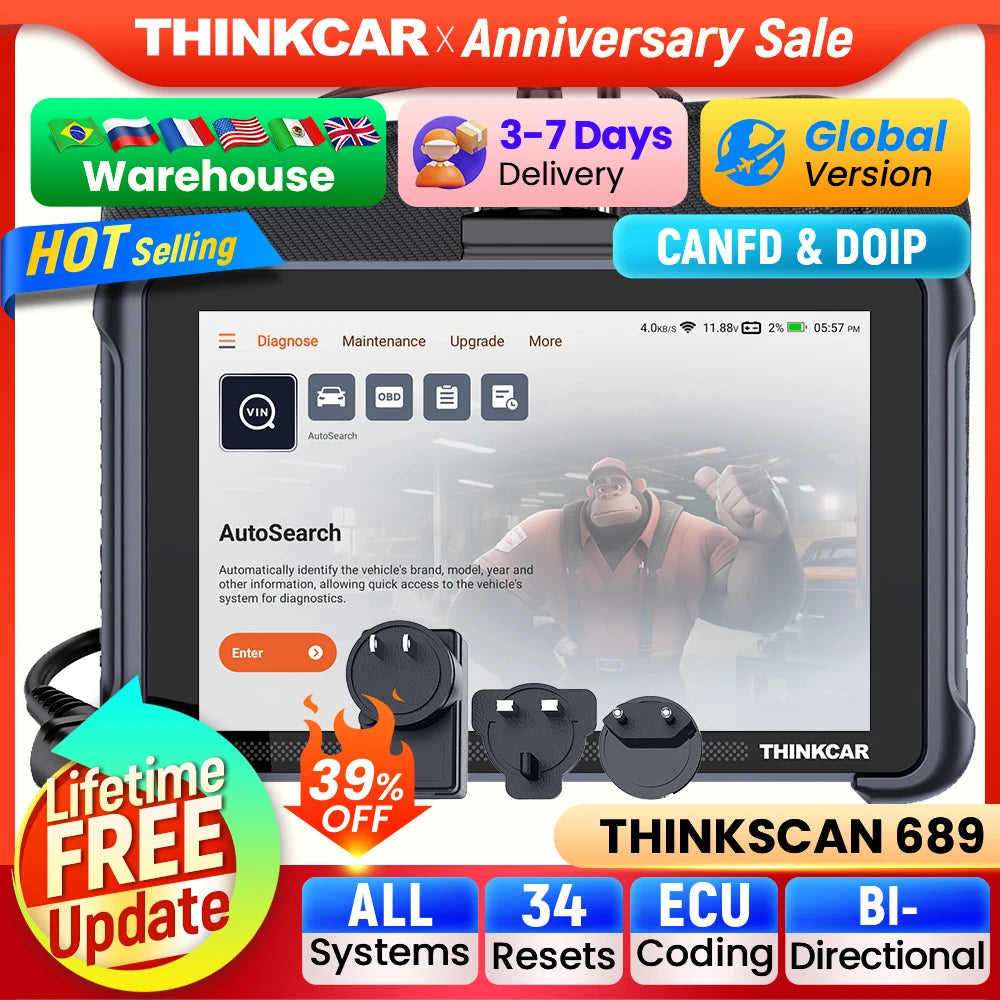 THINKCAR THINKSCAN 689 Car Diagnostic Tools CANFD DOIP Bi-directional ECU Coding 34 Resets Life Free Obd2 Scanner Key Programing