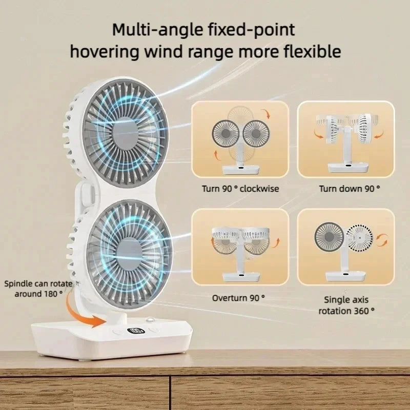 New Double Head Desktop Fan 4-Gears Wind Fast Cooling Digital Display 8000mAh Household Adjustable Direction Shaking Head Fan