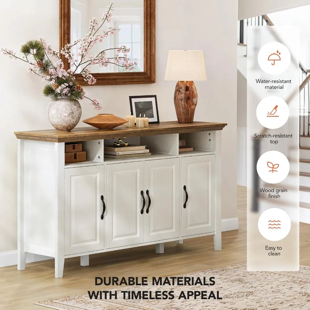 Amada Buffet Cabinet with Storage, 55" Large Sideboard Storage Cabinet with Adjustable Shelves, 4 Doors, Modern Farmhouse Coffee