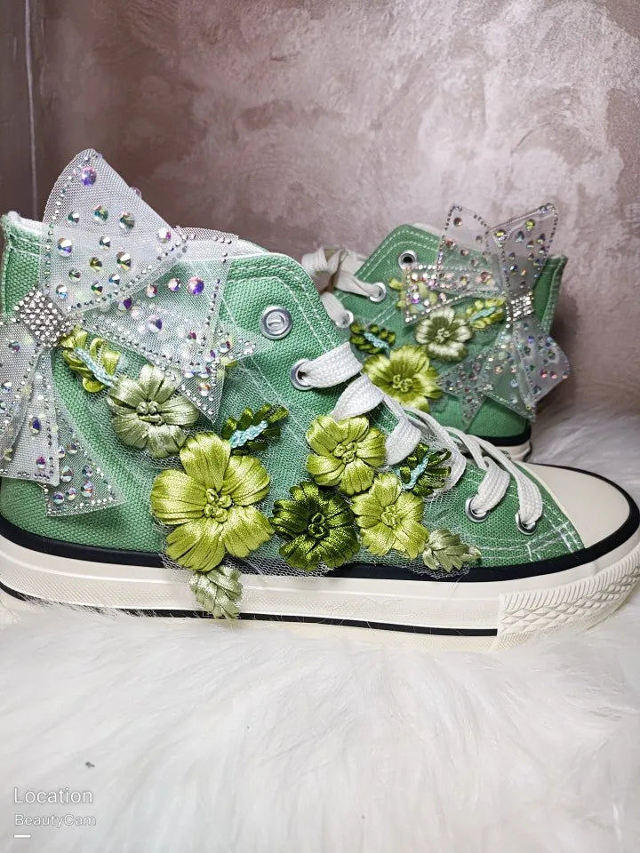 High-top Canvas Shoes for Women Green Bow Embroidery Flower Candy Color Canvas Handmade Fashion Casual Shoe Big Size 43 44