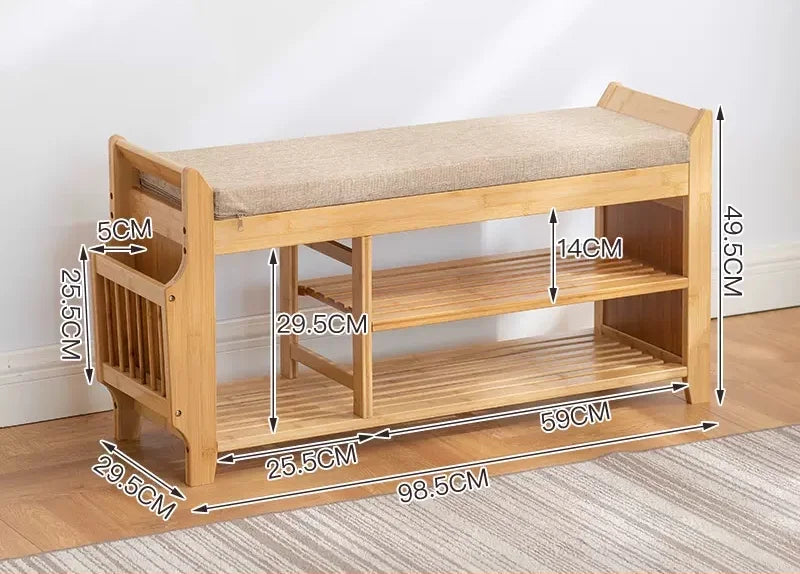 Natural Bamboo Shoe Storage Rack Bench with 2-Tier Cushion Seat Living Room Shoe Organizer Entryway Storage Hallway Furniture