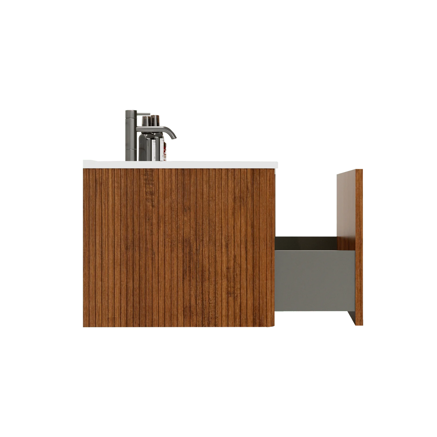 Modern Striped Walnut Floating Bathroom Vanity with Wall Mounted White Ceramic Sink and One-Piece White Basin Drain Faucet
