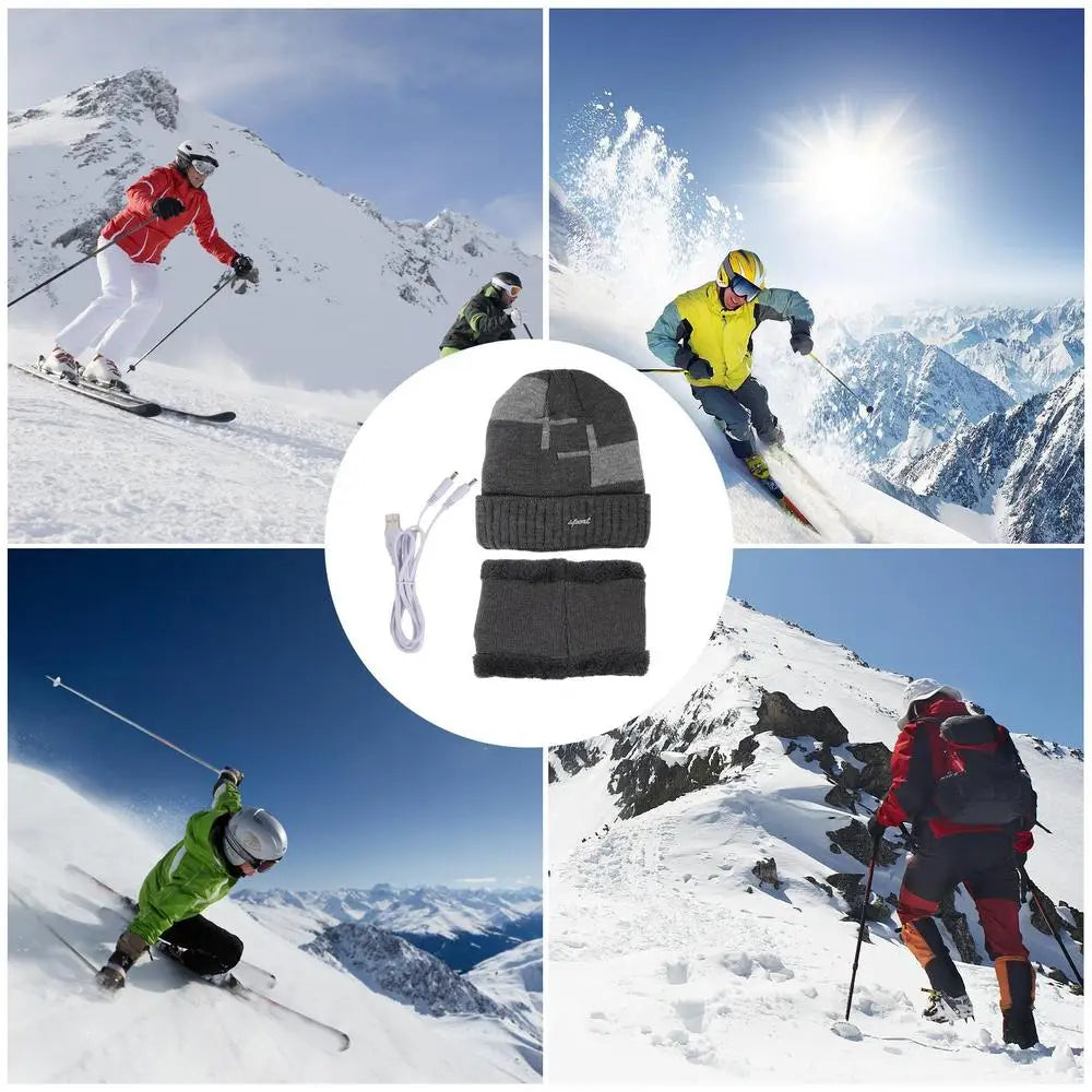 Heated Beanie Hat Winter Thermal Beanie USB Heated Hat Scarf Set Soft Warm Scarf Pom Knit Hat For Running Skiing Skating Cold