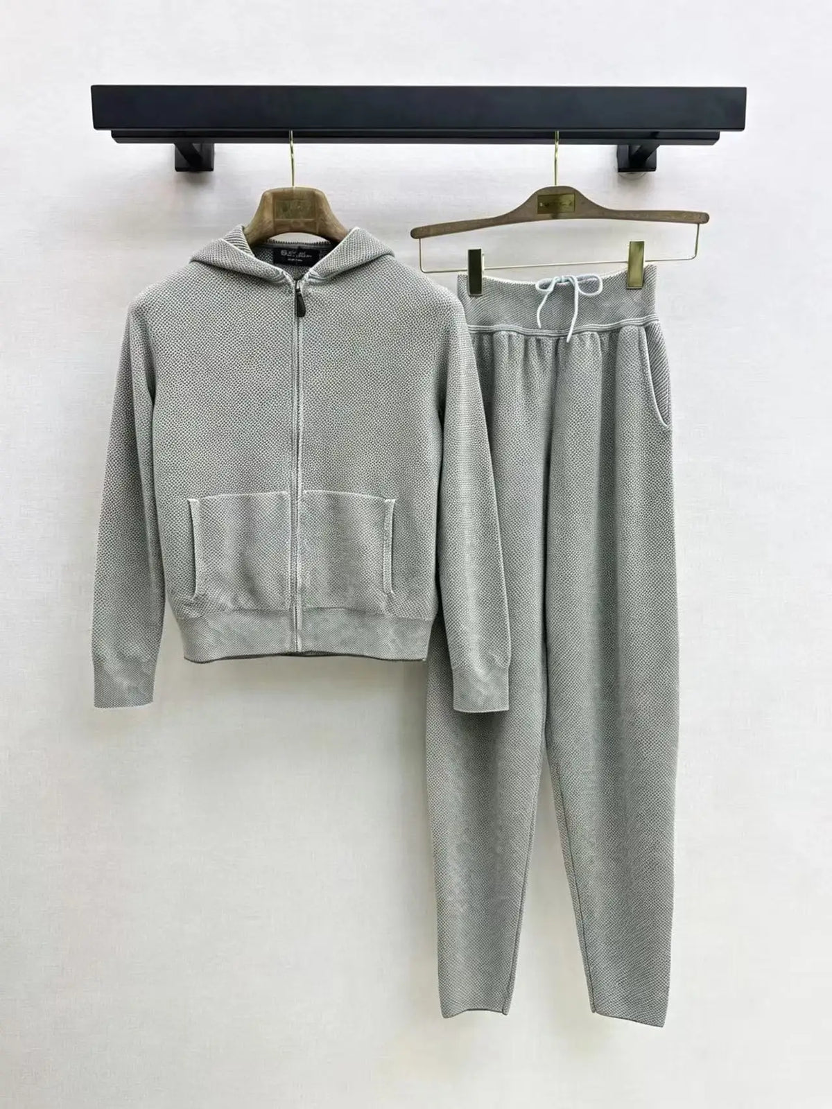 Autumn and Winter 100% Cashmere Casual Knit Hooded Cardigan and Drawn Trousers Set