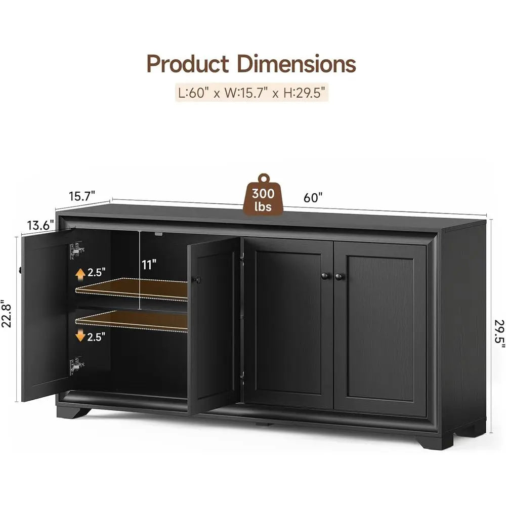 60" Buet Cabinet with Storage, 4 DoSideboard Buet Cabinet with Adjustable Shelves, ern Coee Bar ole Table or Living Room, Kitche