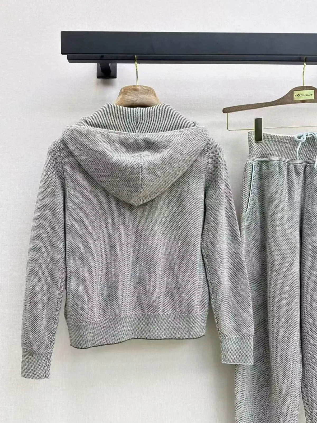 Autumn and Winter 100% Cashmere Casual Knit Hooded Cardigan and Drawn Trousers Set